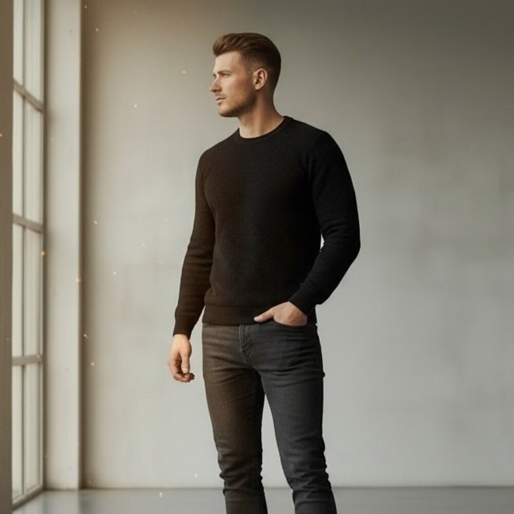 Armani Collezioni Black Textured Knit Silk Blend Sweater Men's Size XL